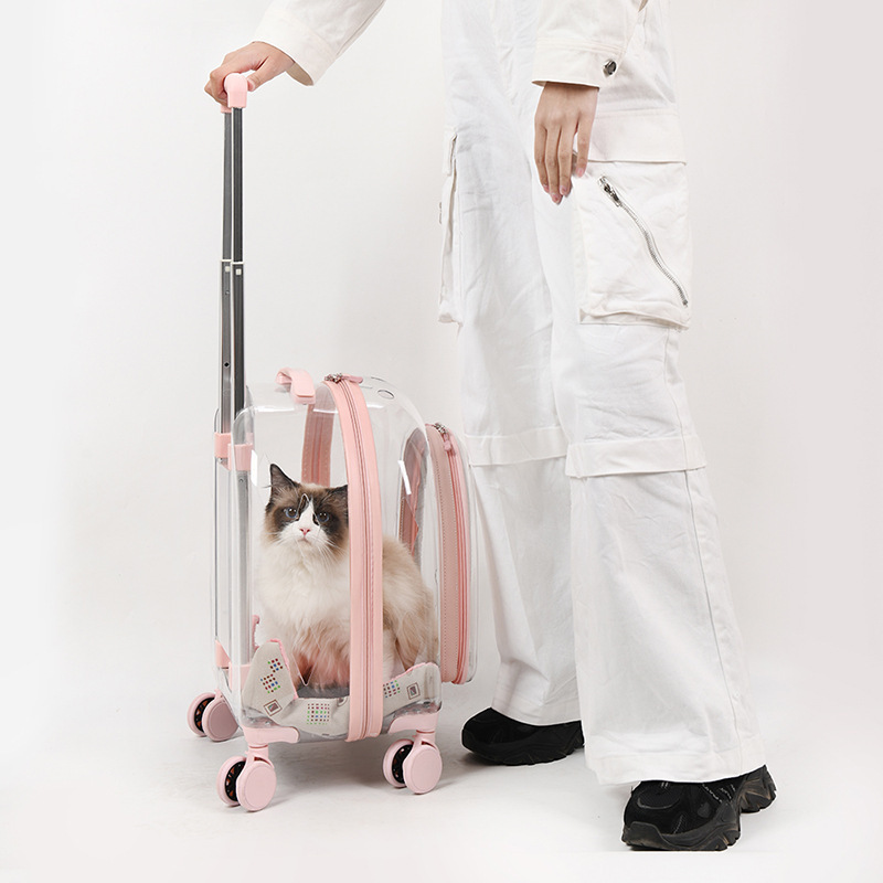 Airline Approved Portable Travel Trolley Plastic Door Dog Cat Carrier Pet Luggage Pet Trolley Carrier With Wheels