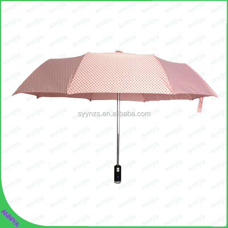 hot selling pink LED light handle automatic 3 folding umbrella rain umbrella for gift