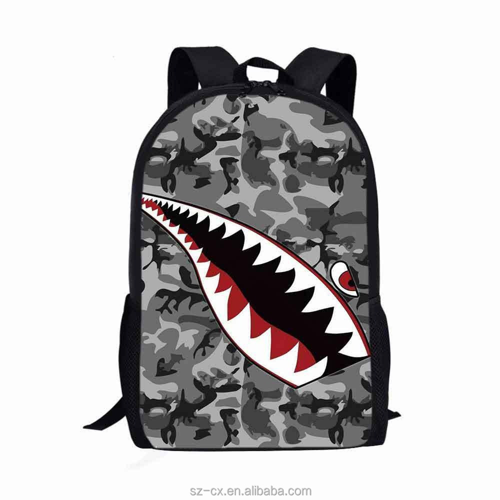 Fashion casual shark teeth camo bookbag daypack laptop school bag spray ground backpack for boys