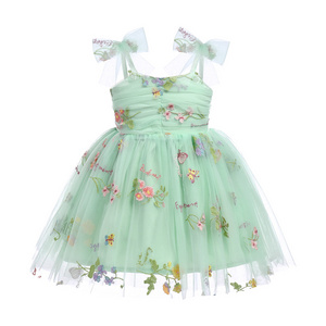 Daily Wear Floral Butterfly Tulle Sleeveless Dress Strap Design Smock Back Knee Length Princess Party Kids Dresses