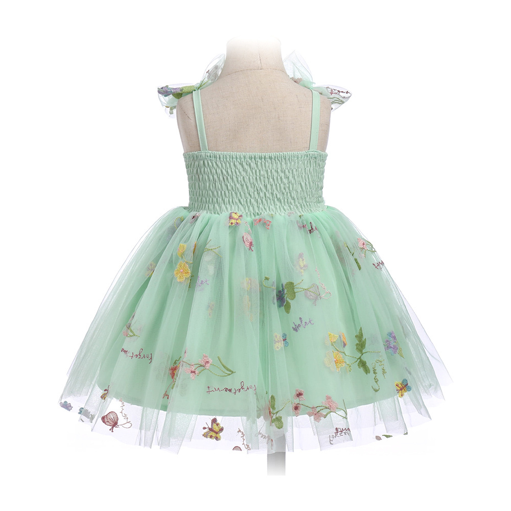 Daily Wear Floral Butterfly Tulle Sleeveless Dress Strap Design Smock Back Knee Length Princess Party Kids Dresses