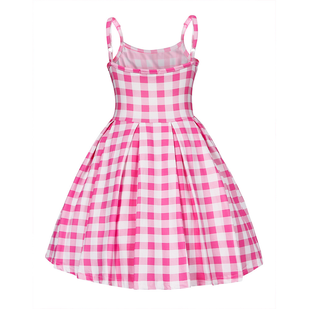 2024 New Movie Film Cos Barbies Costume Sexy Pink Plaid Kids  Girls Dress