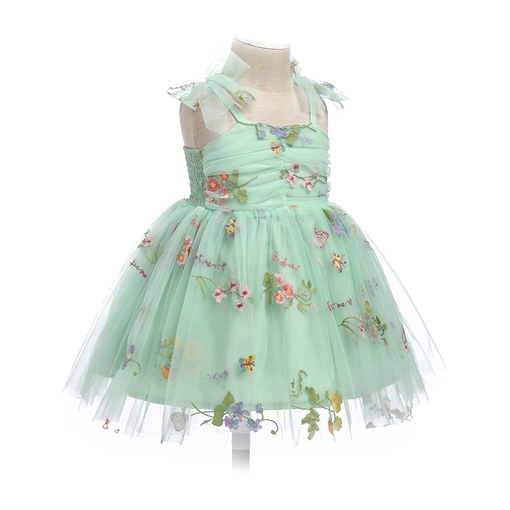 Daily Wear Floral Butterfly Tulle Sleeveless Dress Strap Design Smock Back Knee Length Princess Party Kids Dresses