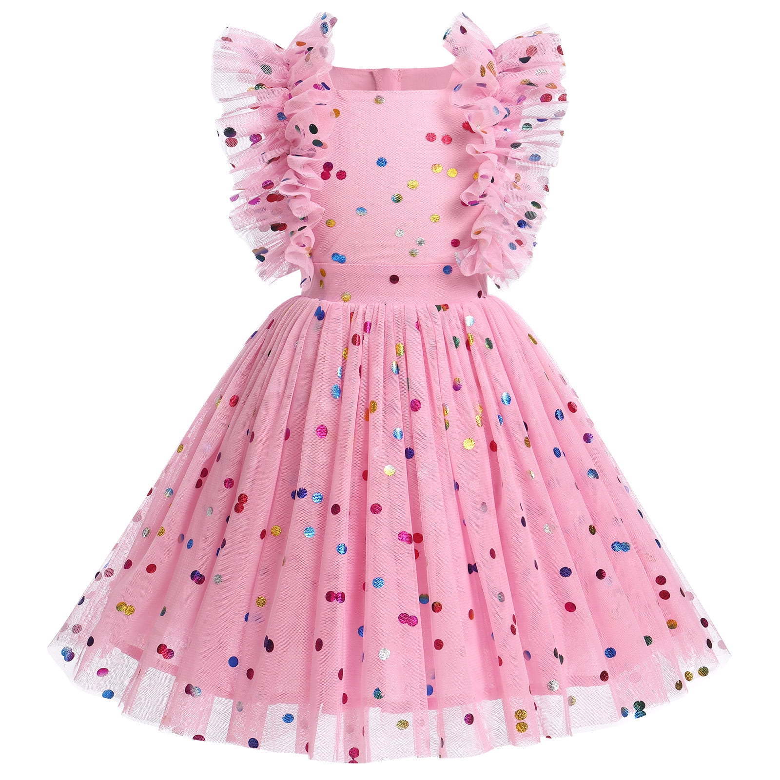 New Design Butterfly Tulle Midi Dress Ruffle Sleeves Square Neck A Lined Dress Zipper Back Summer Dresses for Little Girls