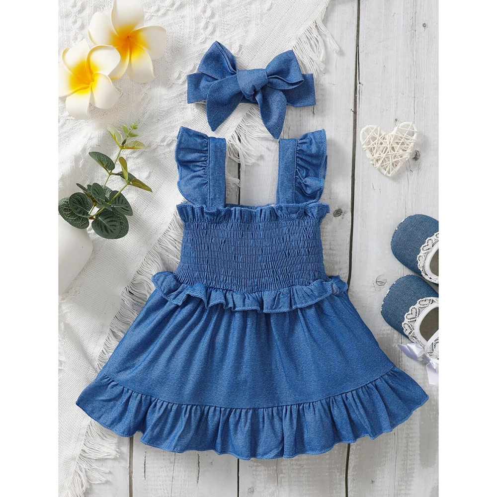 Boutique Chiffon Blue Orange OEM Printing Smock Baby Girls Dress Ruffle Neck Flutter Sleeves 2023 Kids Clothing Wholesale