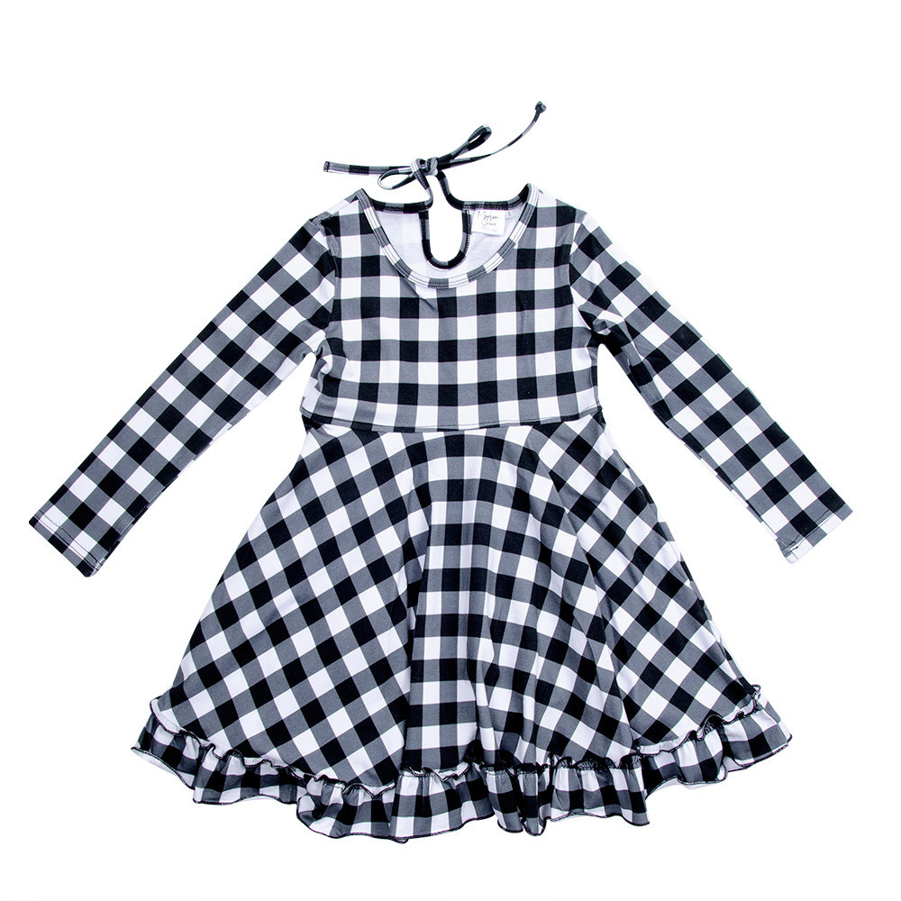 Autumn Knit Cotton Plaid Midi Dress Round Neck Tie Bow Hole Back Ruffle Little Girls Long Sleeves Dresses