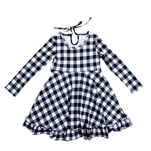 Autumn Knit Cotton Plaid Midi Dress Round Neck Tie Bow Hole Back Ruffle Little Girls Long Sleeves Dresses