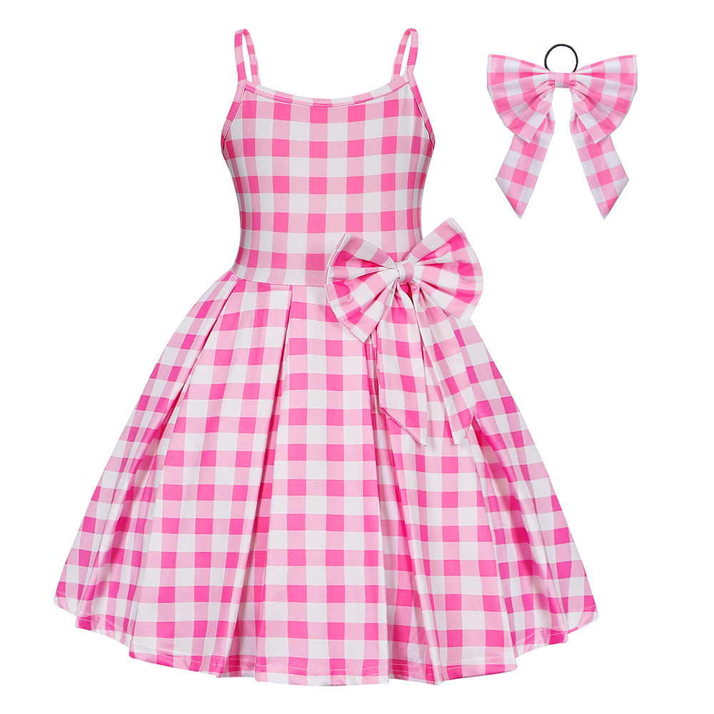 2024 New Movie Film Cos Barbies Costume Sexy Pink Plaid Kids  Girls Dress