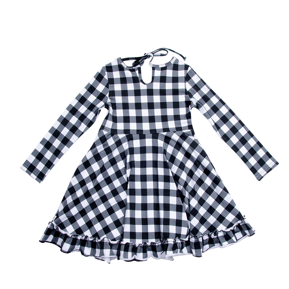 Autumn Knit Cotton Plaid Midi Dress Round Neck Tie Bow Hole Back Ruffle Little Girls Long Sleeves Dresses