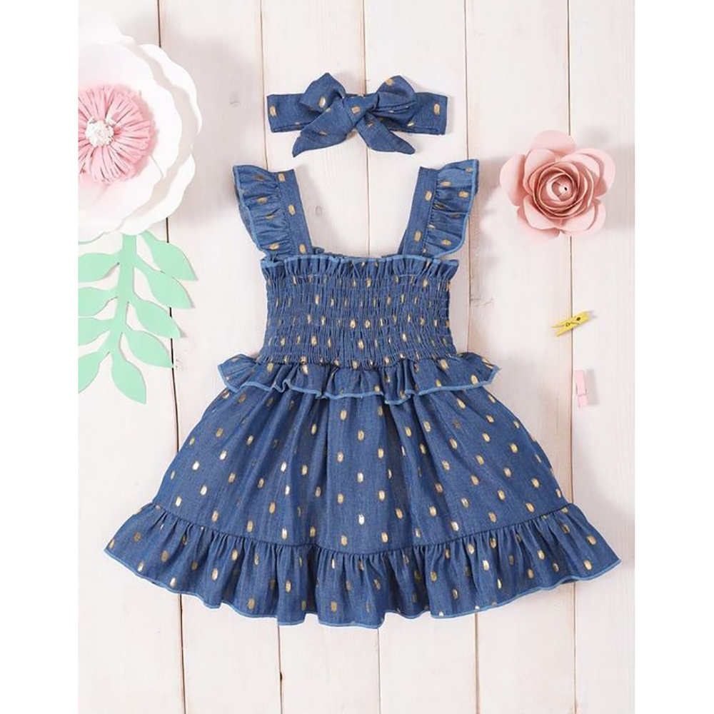 Boutique Chiffon Blue Orange OEM Printing Smock Baby Girls Dress Ruffle Neck Flutter Sleeves 2023 Kids Clothing Wholesale