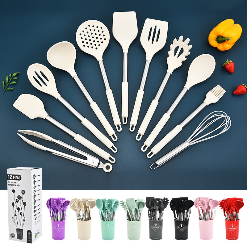 Food Grade Silicone Kitchen Utensil 12 pcs Cooking Utensils Set Stainless Steel Silicone Cooking Tool Nonstick Cookware