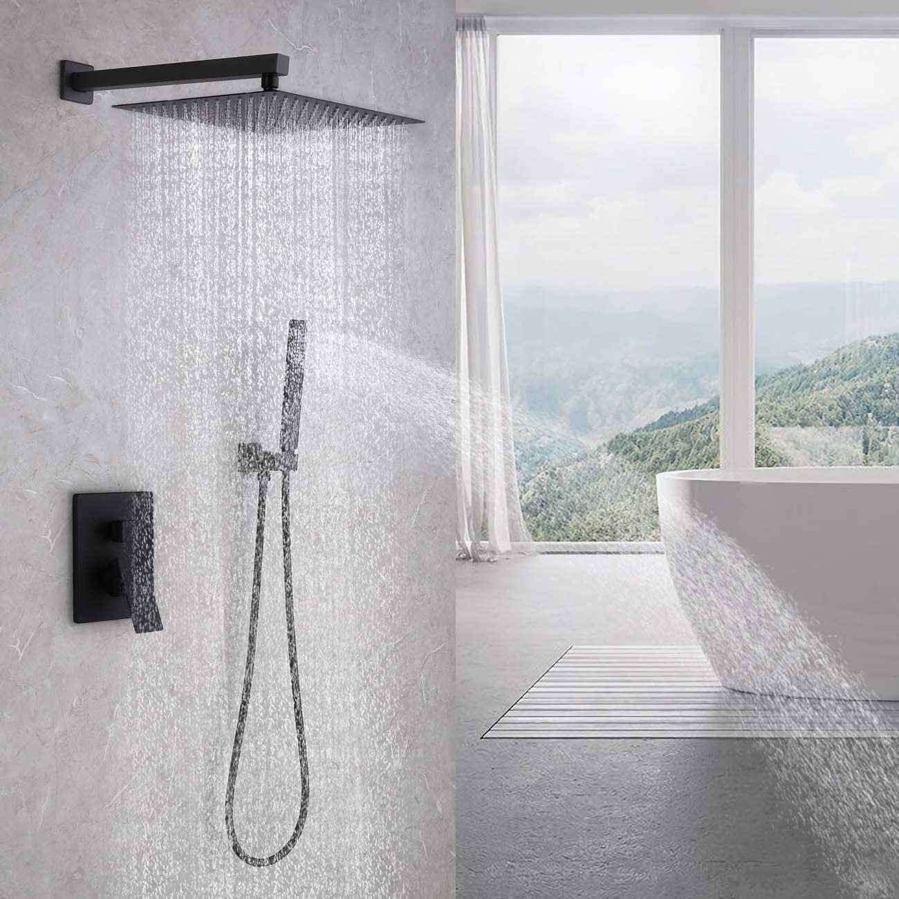 Bathroom set 12 inch rainfall rain wall mounted faucets column waterfall mixer black shower head