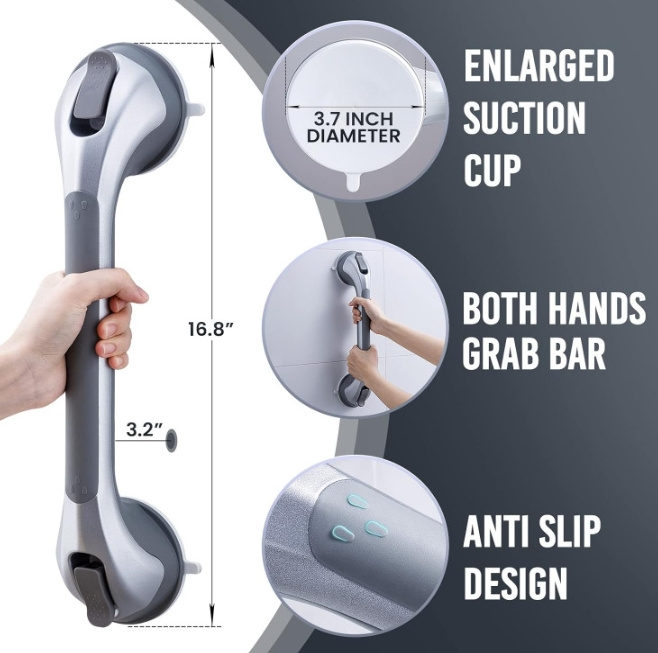 Kingze 16-Inch Modern Design Bath Shower Door Handle with Sucker Grip Heavy Duty Safety Hand Grab Suction Rail Handrails