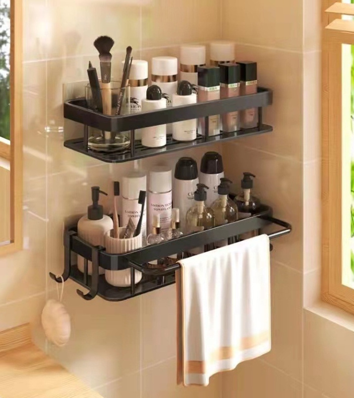 No Drill 2 Tier Organizer Space Aluminum Shower Caddy Storage Holders Racks Wall Mounted Bathroom Shelves with hook