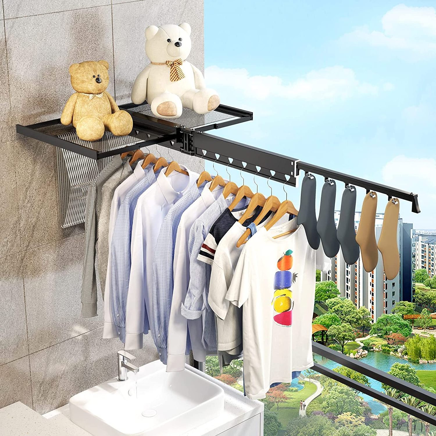 Space Aluminium Alloy Wall Mount 3 Tier Retractable Cloth Drying Rack Laundry Rack Hanging Foldable Clothes Drying Rack