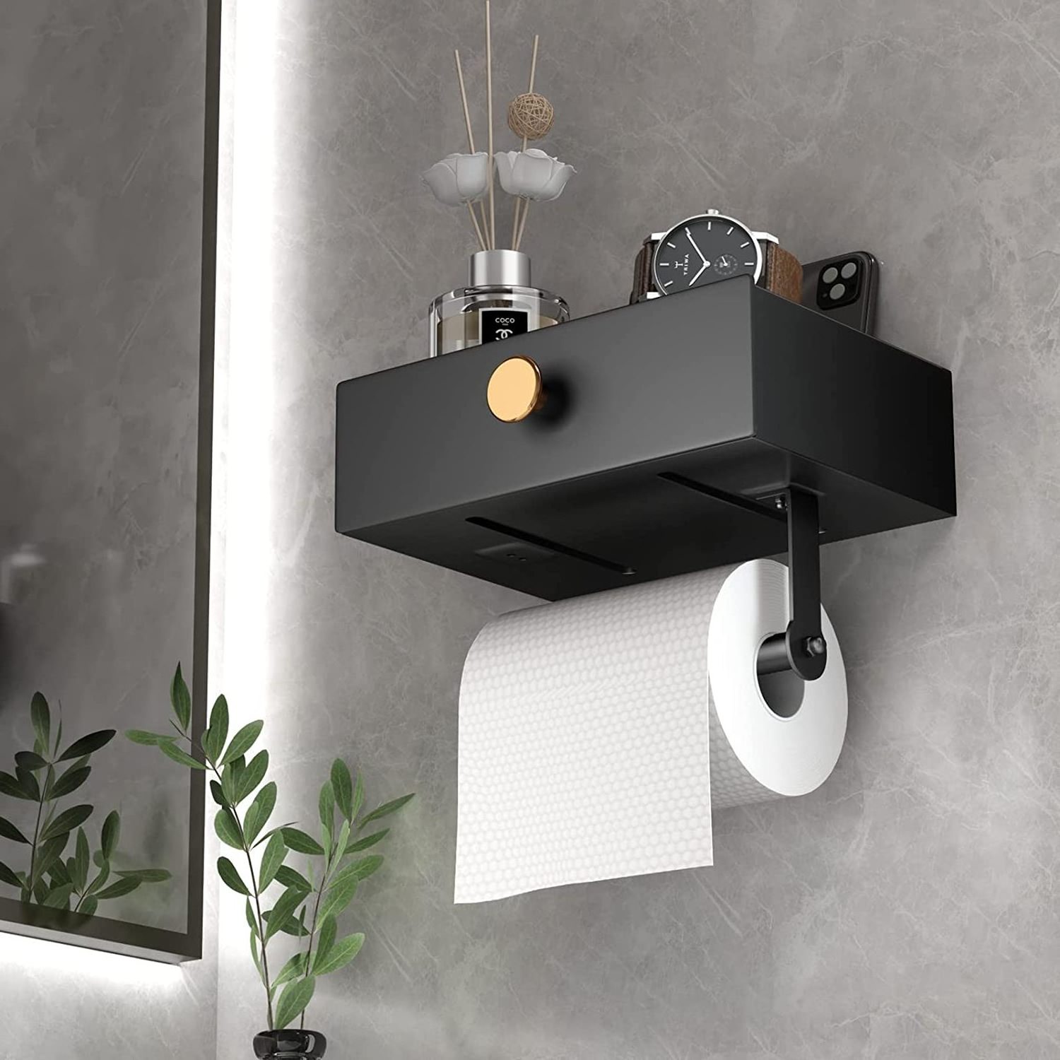 Bathroom Wall Mounted Stainless Steel Tissue Boxes Roll Paper Rack Holder Organizer Toilet Paper Holder with Shelf and Storage