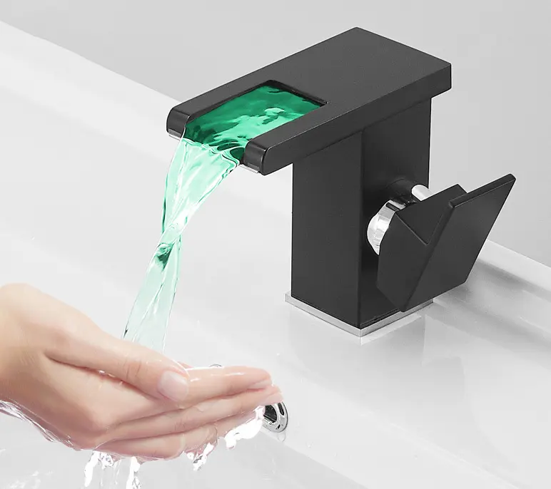 Faucets  Basin Waterfall Taps Faucet 3 Colors Temperature Sensor Black Mixer Tap Faucets With LED Light