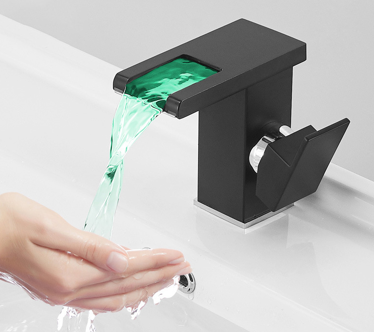 Led Waterfall Tap Washbasin Black Sink Faucet Luminous Color Full Copper Changing UPC Bathroom Faucet