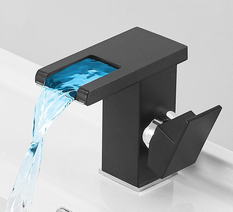 Led Waterfall Tap Washbasin Black Sink Faucet Luminous Color Full Copper Changing UPC Bathroom Faucet