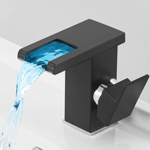 Led Waterfall Tap Washbasin Black Sink Faucet Luminous Color Full Copper Changing UPC Bathroom Faucet