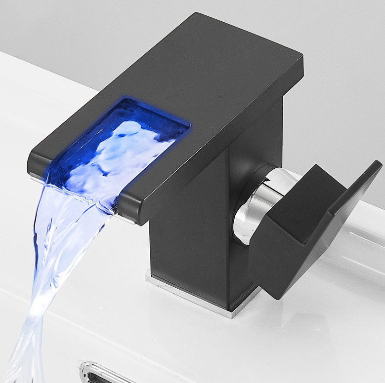 Led Waterfall Tap Washbasin Black Sink Faucet Luminous Color Full Copper Changing UPC Bathroom Faucet