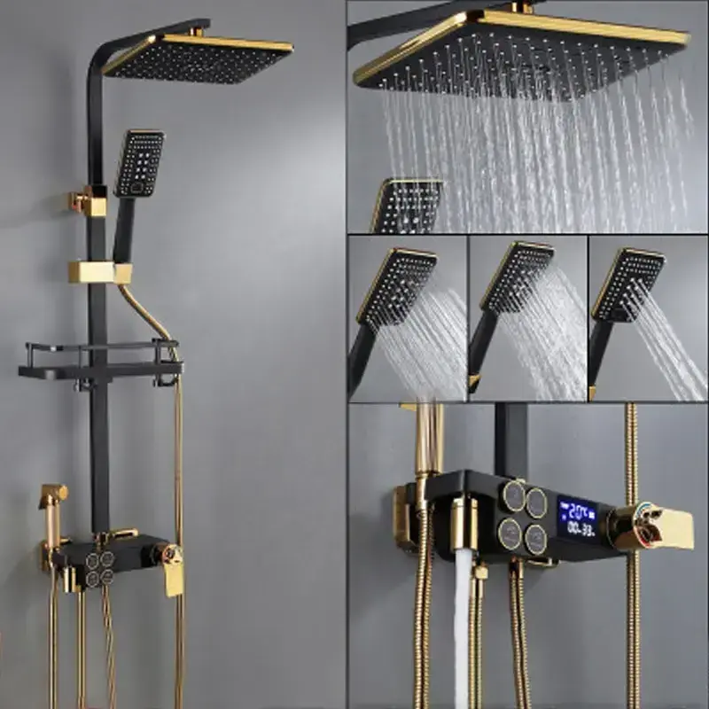 Kingze Square Concealed System Black Gold Bathtub Faucet 4 Functions Rainfall Black Bathroom Digital Shower Mixer Set