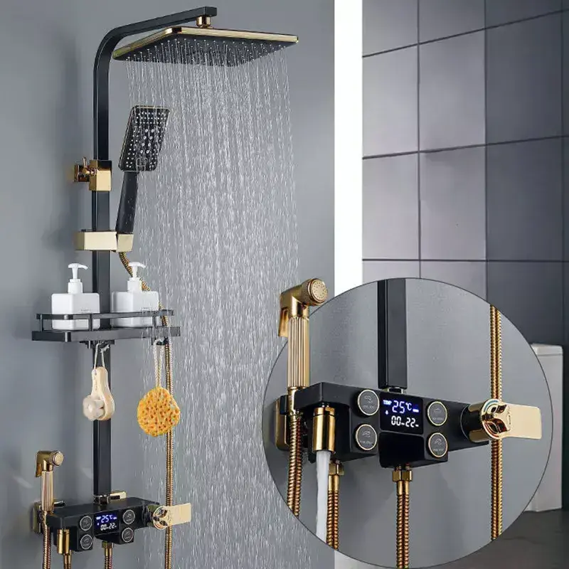 Kingze Square Concealed System Black Gold Bathtub Faucet 4 Functions Rainfall Black Bathroom Digital Shower Mixer Set