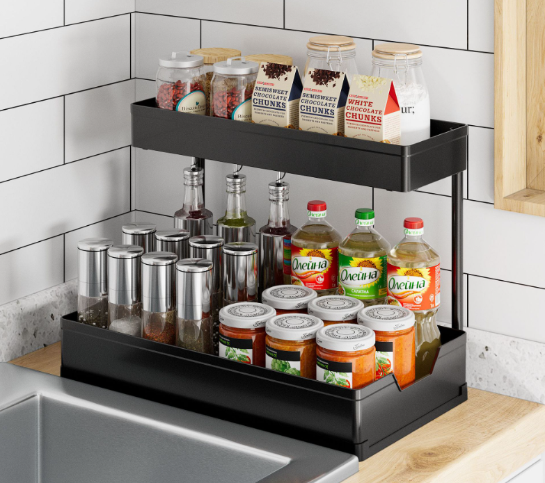 Customizable  2 Tier Kitchen Adjustable Spice Shelves Racks Stand Cubby Shelf Plastic Storage Racks Shelving Units