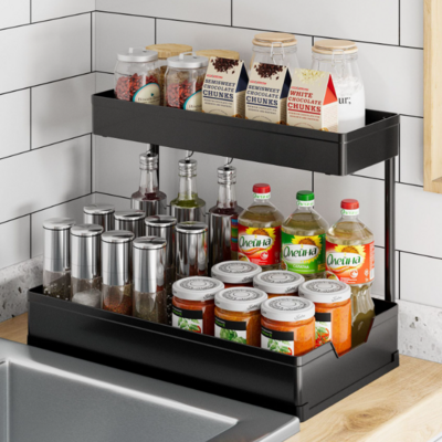 Customizable  2 Tier Kitchen Adjustable Spice Shelves Racks Stand Cubby Shelf Plastic Storage Racks Shelving Units