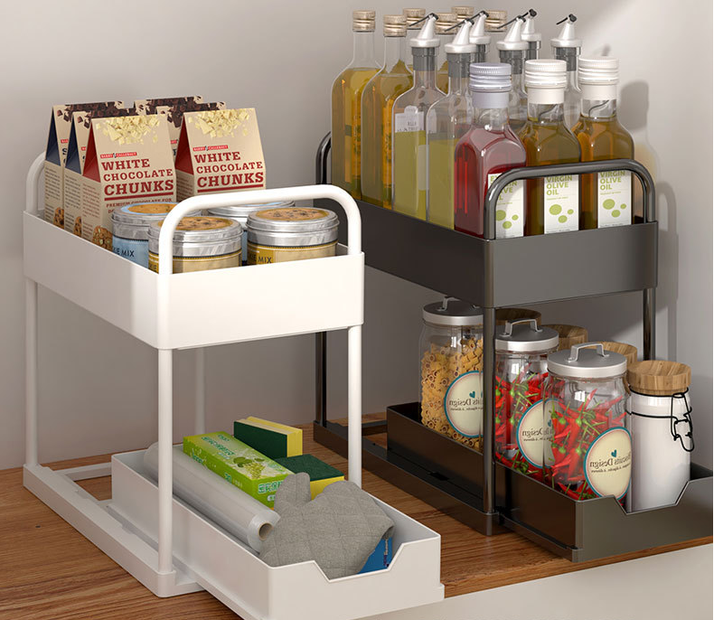 Customizable  2 Tier Kitchen Adjustable Spice Shelves Racks Stand Cubby Shelf Plastic Storage Racks Shelving Units