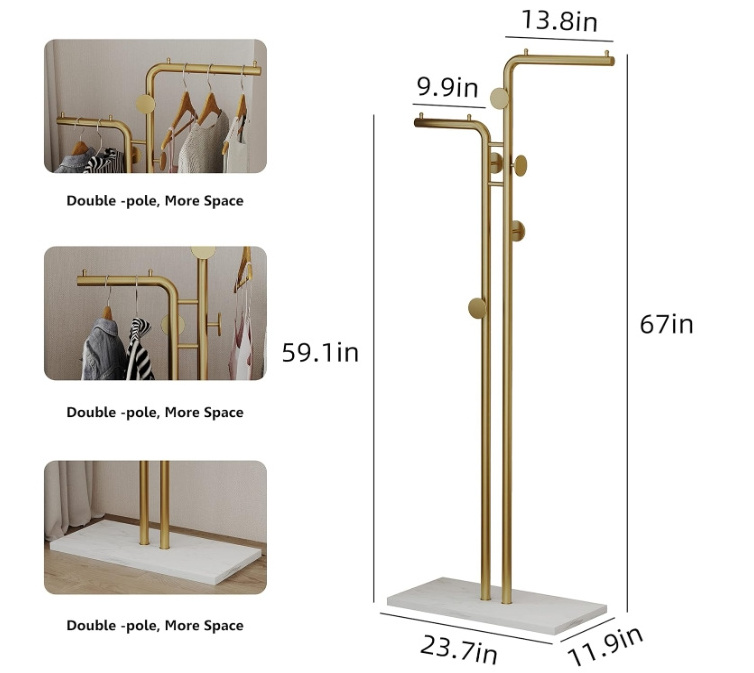 Luxury Gold Marble Base Metal 5 Hooks Coat Racks Bedroom Double Pole Coat Rack Freestanding Hat Hijab Hanger Stand Scarf Rack