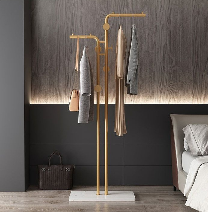 Luxury Gold Marble Base Metal 5 Hooks Coat Racks Bedroom Double Pole Coat Rack Freestanding Hat Hijab Hanger Stand Scarf Rack