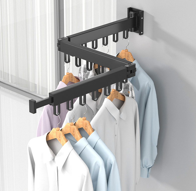 Kingze 3 Tier Space Aluminium Alloy Wall Mounted Clothes Hanger Rack Laundry Foldable Retractable Clothes Drying Rack