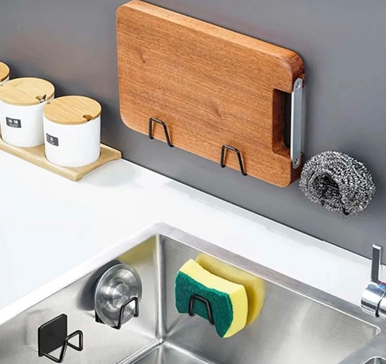 Kitchen Storage Rack Traditional Adhesive Sponge Holder Hooks Stainless Steel Anti-skid Shelf Sink Hanging Hook