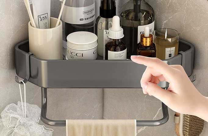 Modern Home Bathroom Adhesive Corner Shower Caddy with Towel Rack Rail Over-Toilet Storage Holders and Shelves