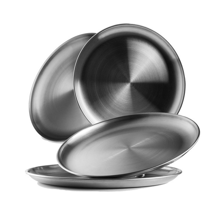 High-end metal texture kitchen plates tableware Reusable Brushed Metal 18/8 Dinner Plates stainless steel fruit plate