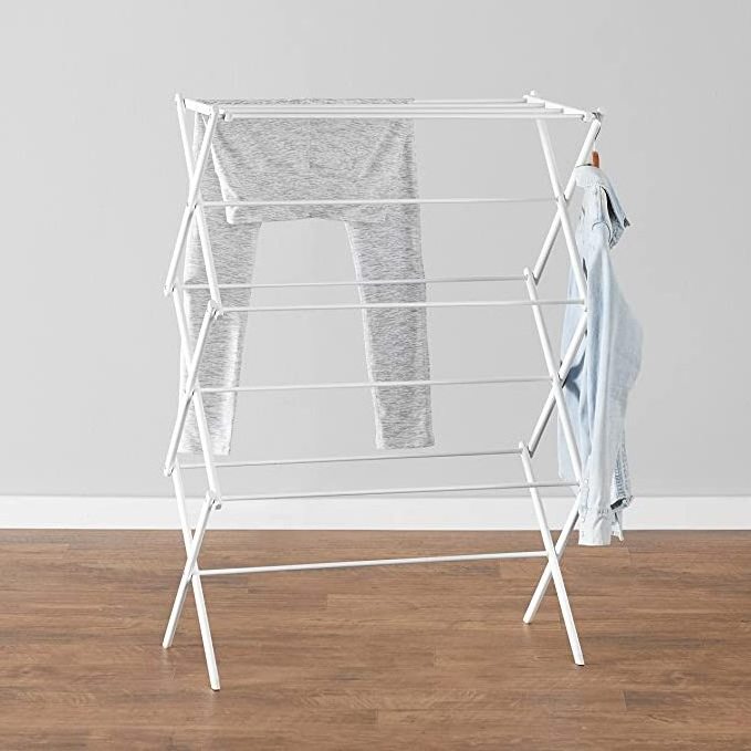 Retractable Stand White Foldable Alloy Steel Clothes Drying Collapsible Laundry Rack