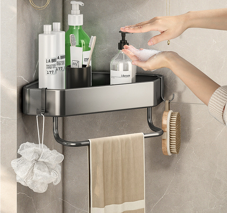 Modern Home Bathroom Adhesive Corner Shower Caddy with Towel Rack Rail Over-Toilet Storage Holders and Shelves