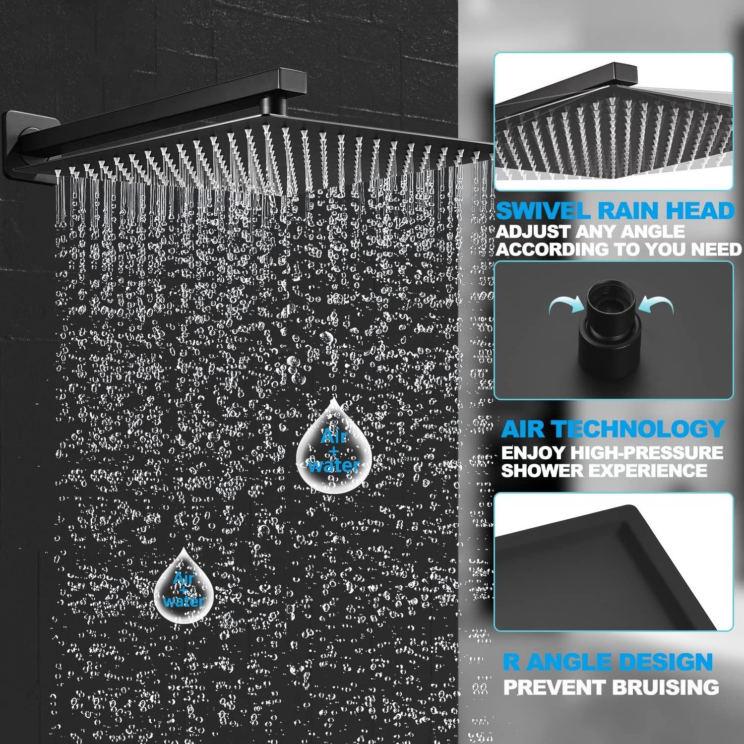 Bathroom set 12 inch rainfall rain wall mounted faucets column waterfall mixer black shower head