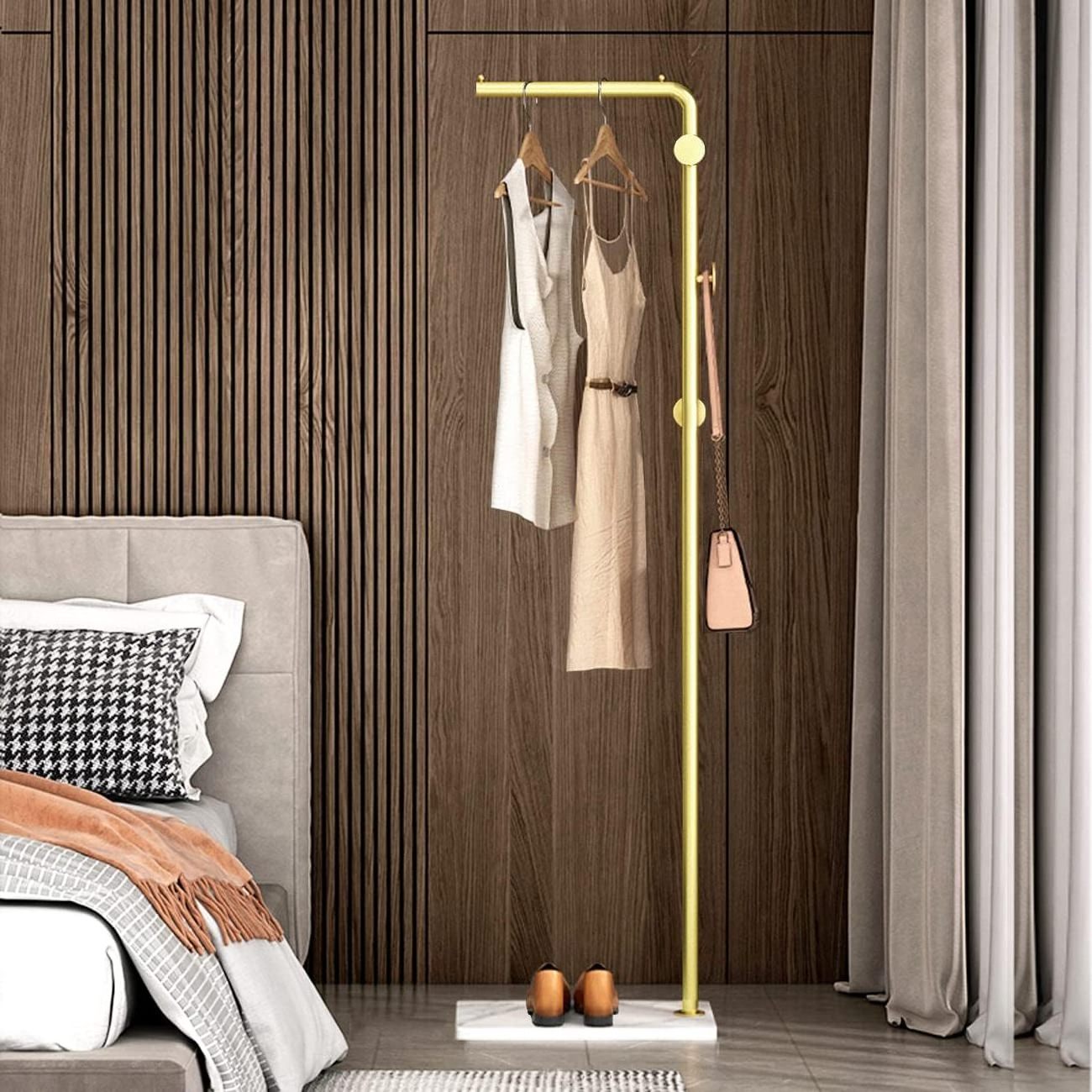 Kingze 3 Hooks Marble Base Standing Clothes Rack Garment Metal Gold Coat Holder Scarf Display Rack Clothes Stands