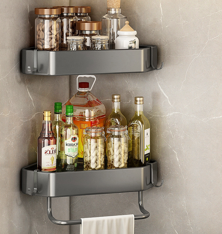 OEM Shower Caddy Toilet Rack Corner Double Tier Hanging Cabinet Organizers Bathroom Black Wall  Storage Holders Racks