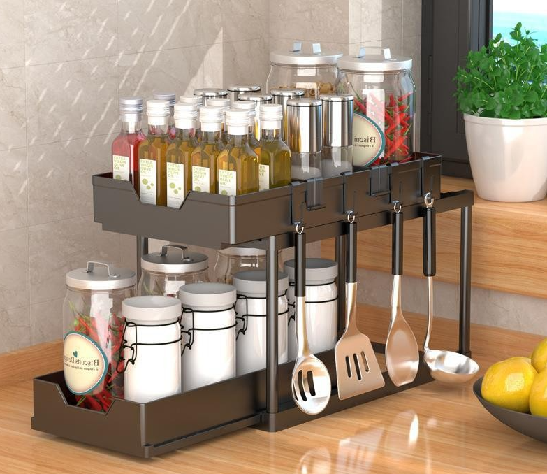 OEM 2 Tier Kitchen Accessories Expandable Plastic Cubby Adjustable Height Sliding PP Sink Storage Racks Shelving Units