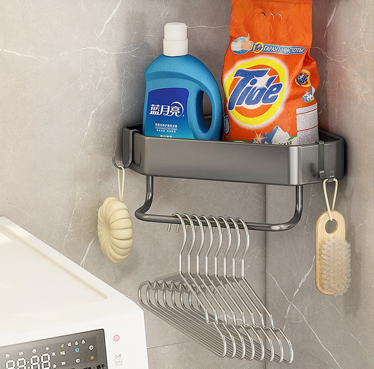 Modern Home Bathroom Adhesive Corner Shower Caddy with Towel Rack Rail Over-Toilet Storage Holders and Shelves