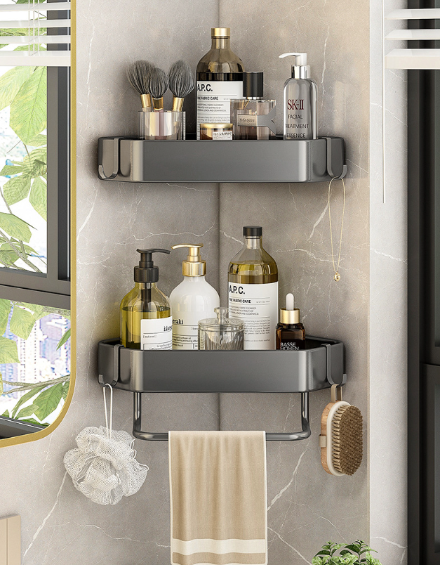 Modern Home Bathroom Adhesive Corner Shower Caddy with Towel Rack Rail Over-Toilet Storage Holders and Shelves