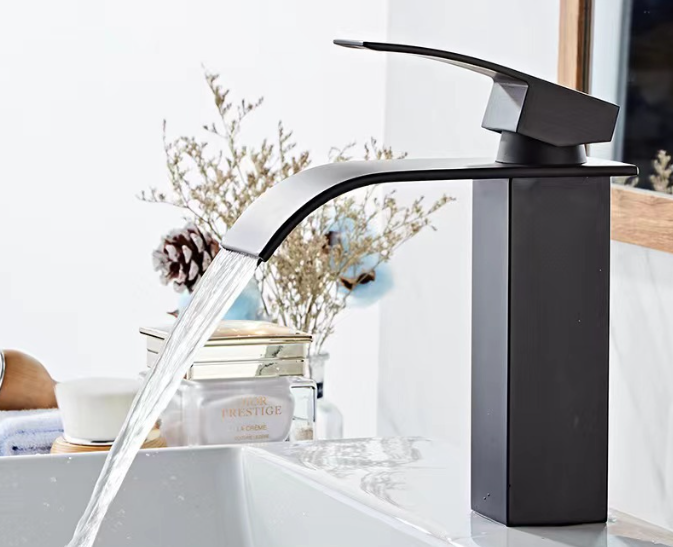 Bathroom Square Brass Water Tap Bath Shower Single Handle Waterfall Basin Black Mixer Faucets