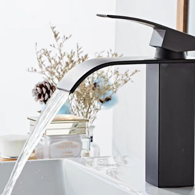 Bathroom Square Brass Water Tap Bath Shower Single Handle Waterfall Basin Black Mixer Faucets