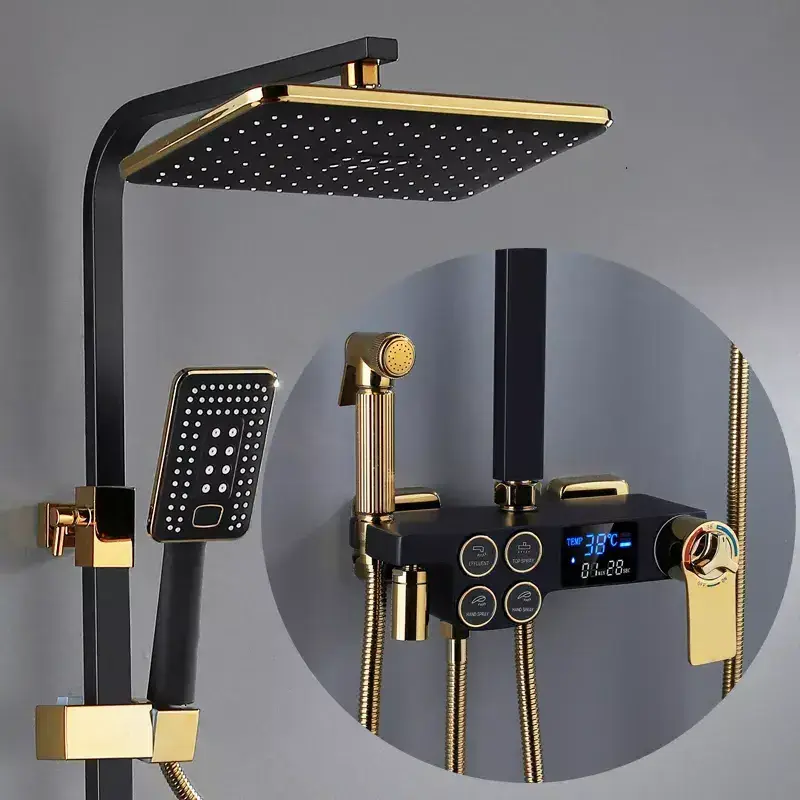 ODM OEM LED Square Shower Set Black Gold Brass Waterfall Taps Kits Rainfall Faucet Showerset Thermostatic Mixers Shower