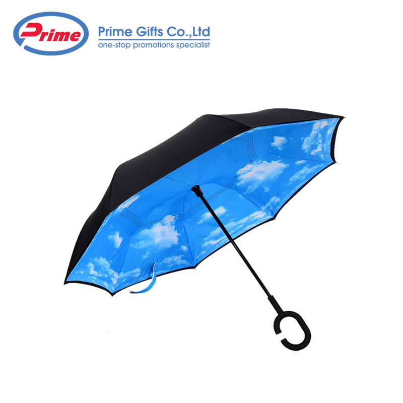 Beautiful Printing Double layer Inverted Umbrella With C Handle