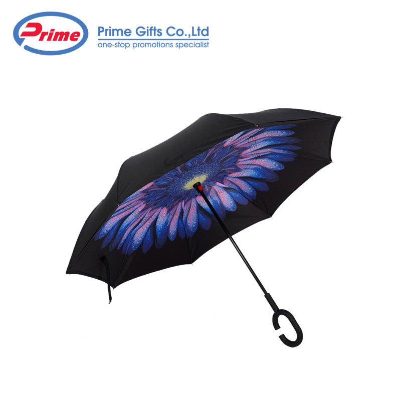 Beautiful Printing Double layer Inverted Umbrella With C Handle