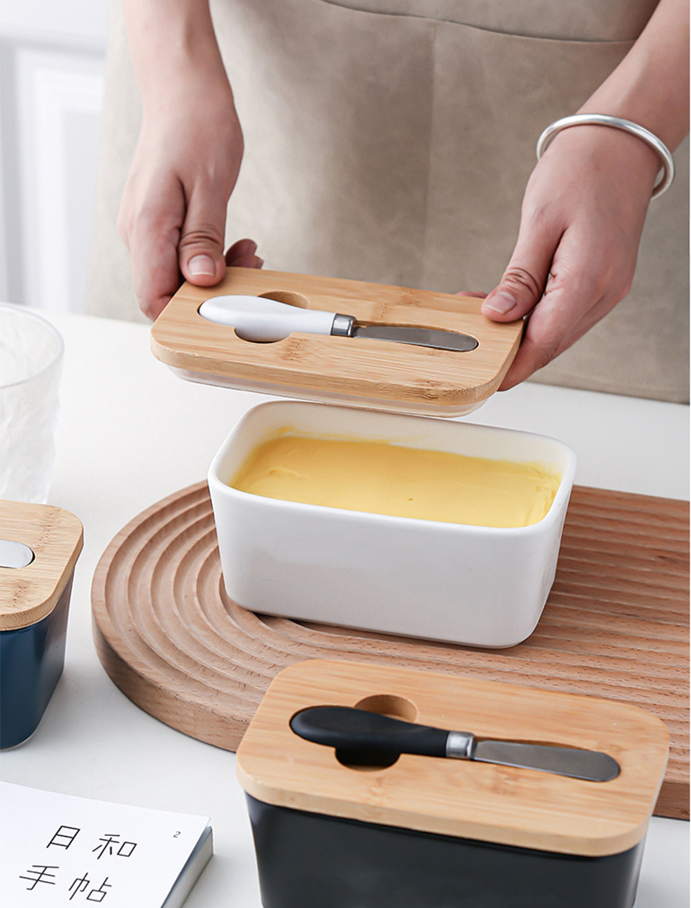 Rectangular Ceramic Butter Dishes Sealed Tin Cheese Box Storage Box Containers Butter Dish With Knife And Bamboo Lid